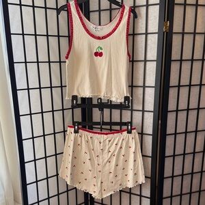 Cream Cherry-Print Sleep Set with Red Trim